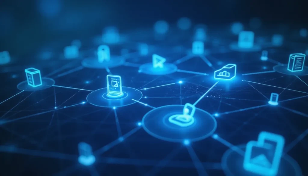 Futuristic minimalist workspace depicting agentic AI automation with glowing data flows and abstract AI workflows, symbolizing enterprise orchestration