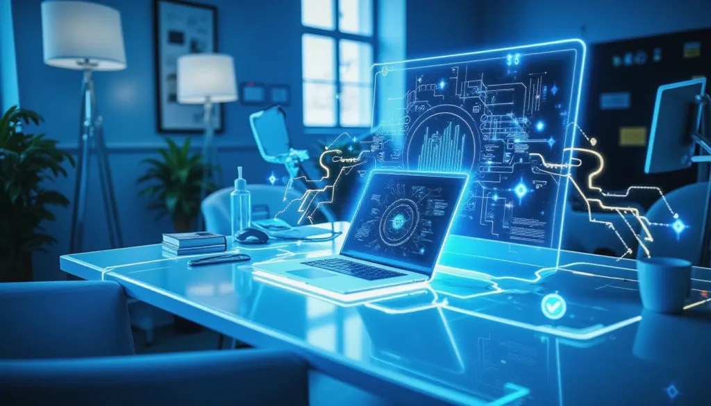 Futuristic minimalist AI workspace showing automation and productivity flows with abstract nodes and glowing data lines