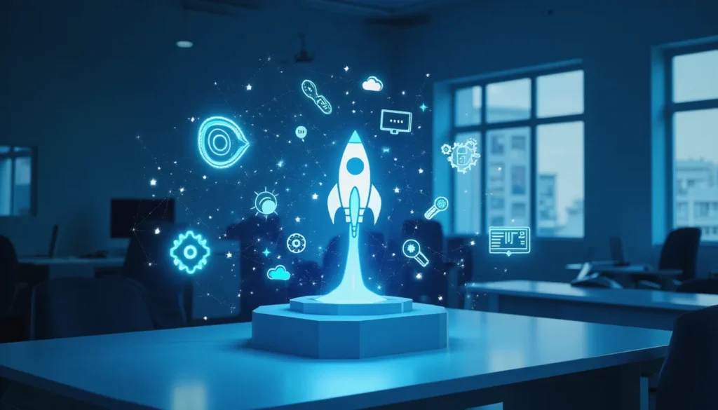 Minimalist modern desk with abstract AI automation icons and glowing workflow patterns representing AI-driven business automation