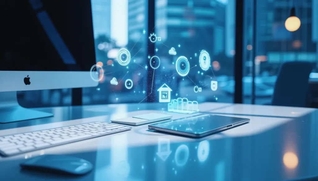 Futuristic minimalist workspace symbolizing AI in business automation, with glowing smart icons and fluid workflow circuits representing Make.com and no-code automation tools