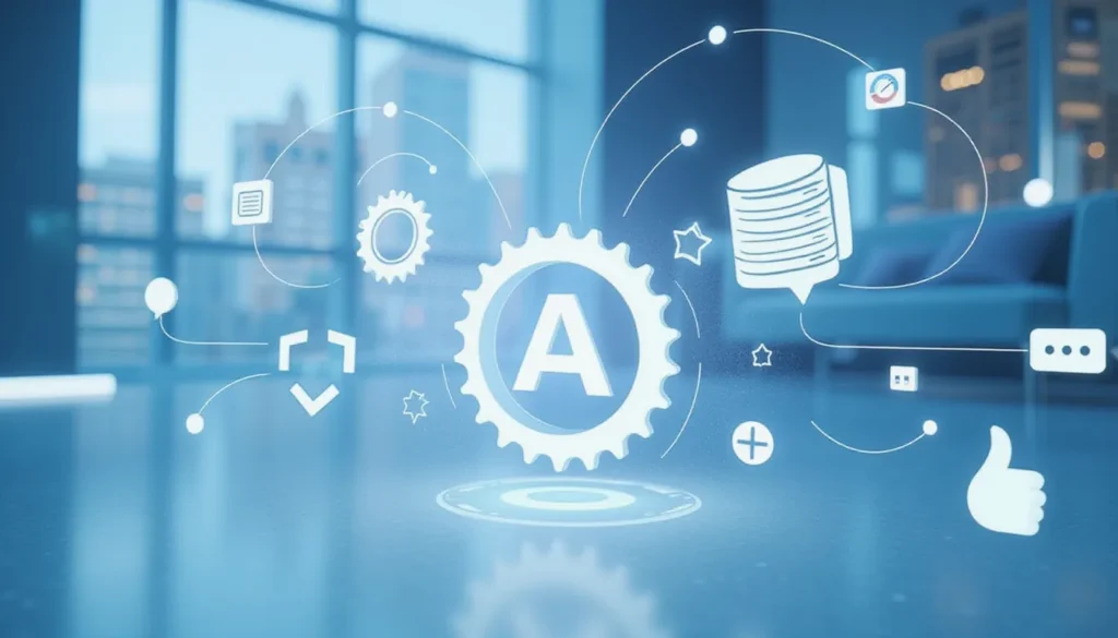 Futuristic digital illustration of AI-powered business process automation with glowing data flows connecting smart icons in a minimalist workspace