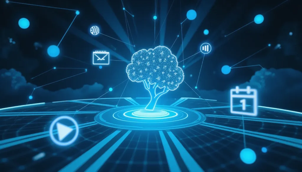 Futuristic AI-powered marketing automation interface with glowing icons and automation workflow lines, representing cross-channel tools like Make.com and Bot-Engine for 2025