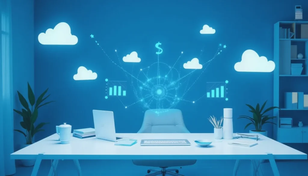 Futuristic AI marketing automation workspace visualizing smart no-code workflows and digital integrations for small businesses