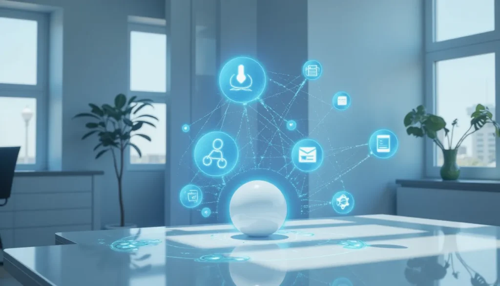 Futuristic AI productivity automation workflow image showing abstract smart connections between AI tools for coding, research, and marketing in a modern workspace setup.