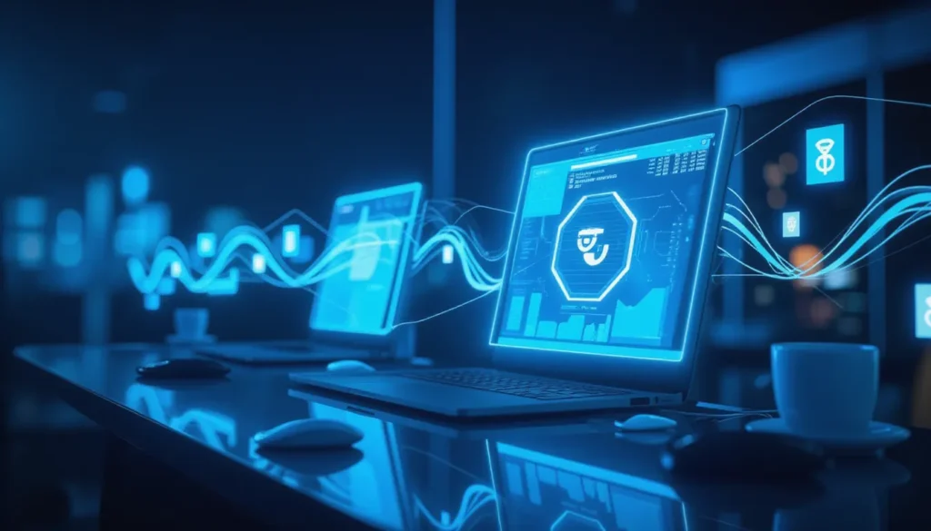 Futuristic minimalist workspace visualizing AI workflow automation for 2025 with glowing automation circuits and digital nodes