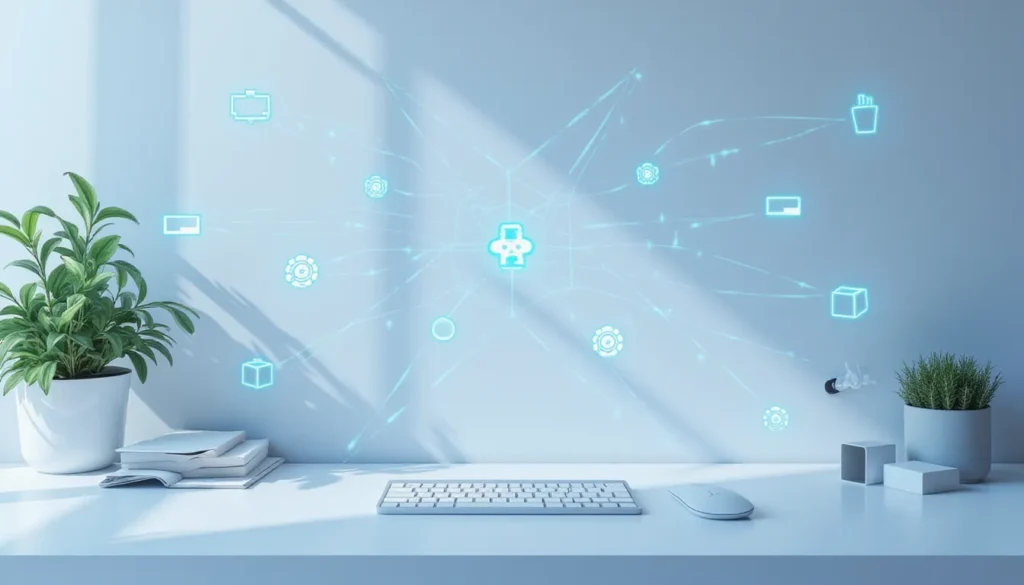 Futuristic minimalist workspace with glowing AI workflow automation icons and abstract nodes representing Make.com and Bot-Engine visual workflows