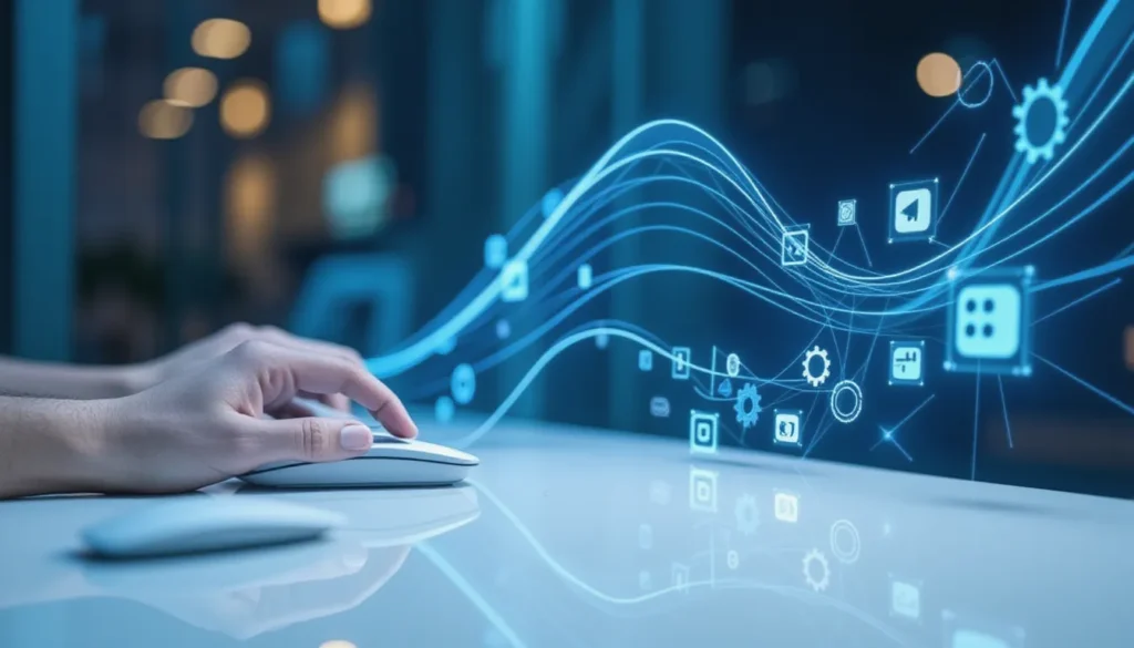 Minimalist tech workspace showing AI workflow automation with glowing data streams and smart icons representing no code tools