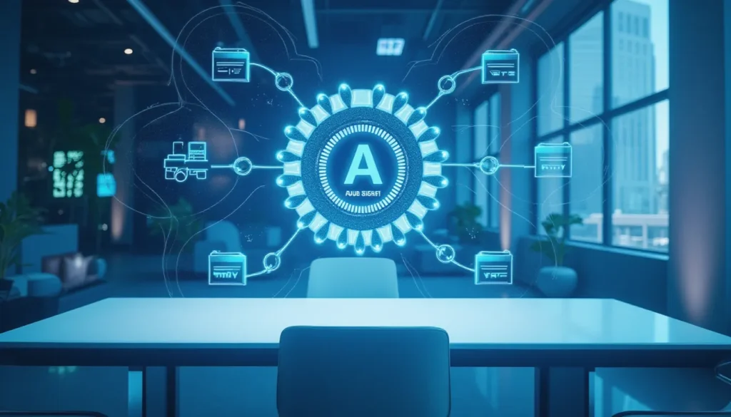 Futuristic AI workflow automation concept with minimal workspace, glowing data flows, and interconnected automation icons, illustrating tools like Make.com and Bot-Engine in 2026