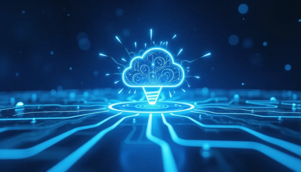 Abstract futuristic illustration representing AI-powered automation platforms n8n and Zapier with interconnected nodes, automation flows, and a glowing AI core in a clean, minimalist workspace