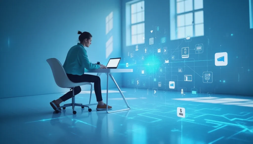 Futuristic workspace showing AI-powered eCommerce marketing automation with glowing data workflows and abstract automation icons flowing between modules