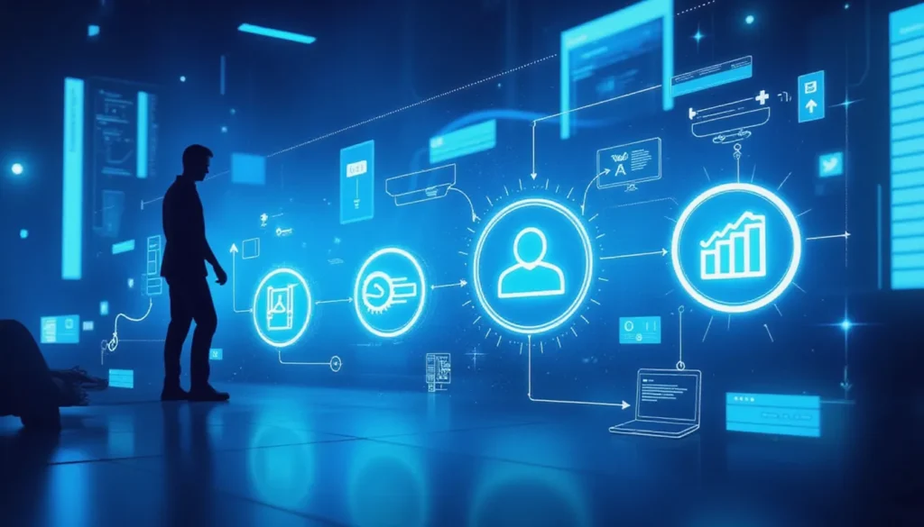 Abstract depiction of Zapier workflow automation with interconnected app icons and glowing data streams in a futuristic workspace