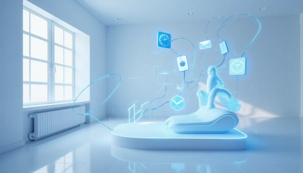 Futuristic minimalist workspace with glowing AI automation flows and smart business process icons