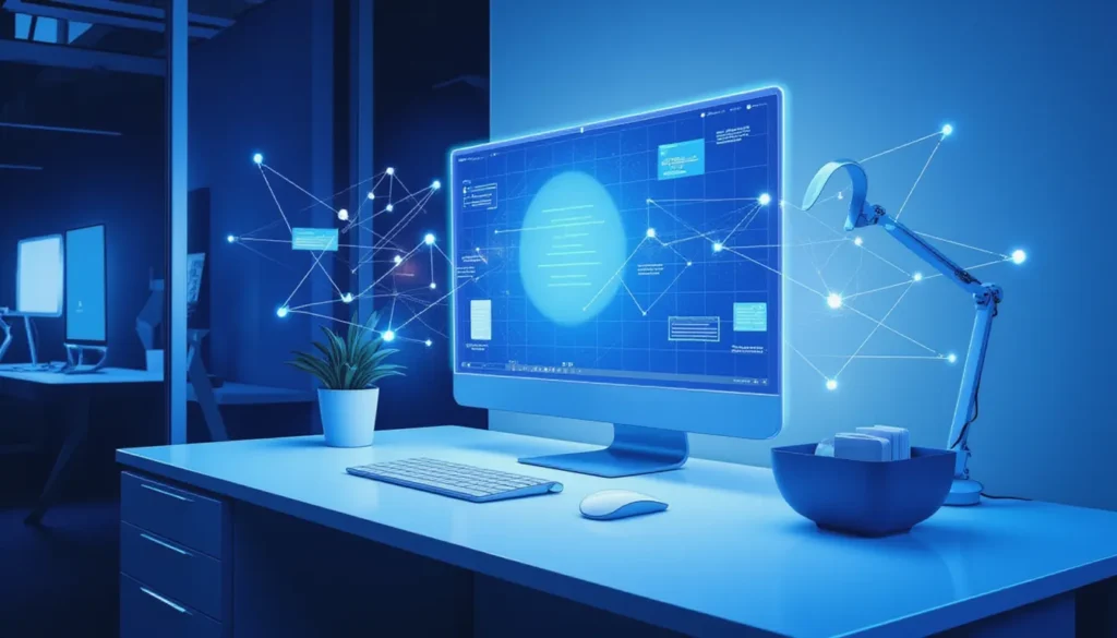 Futuristic minimalist workspace visualizing agentic AI automation with glowing workflow circuits and smart business icons