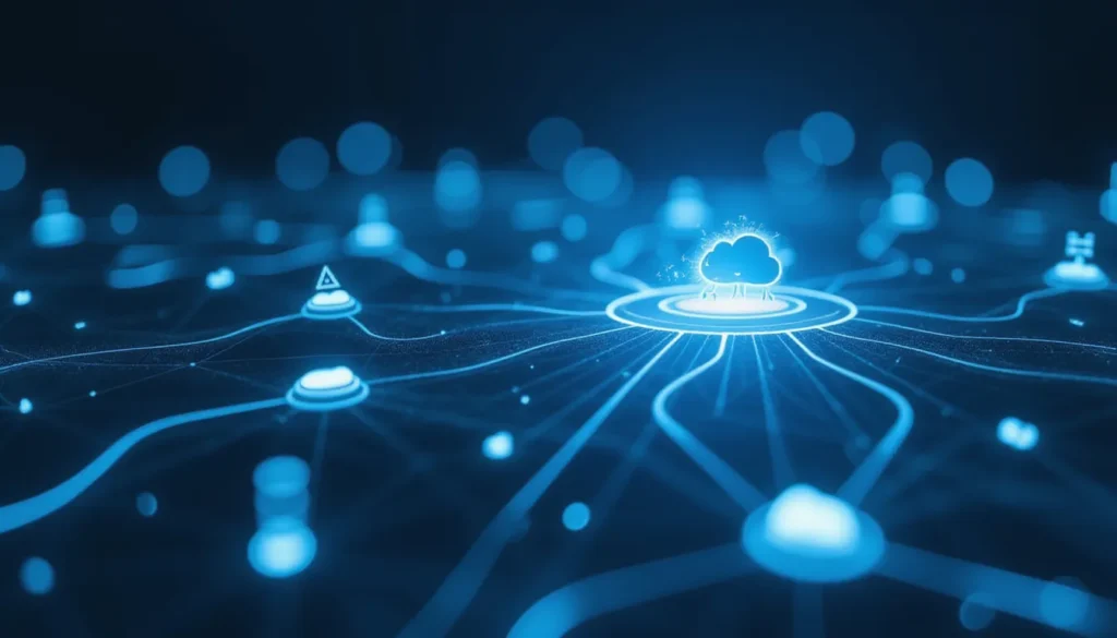 Abstract AI automation network representing tool-calling MCP agents for workflow automation in a futuristic minimalist design