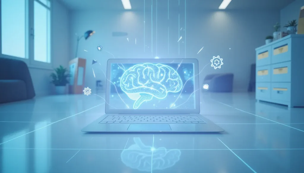 Futuristic AI automation concept featuring ultra-compact model quantization with flowing data circuits and minimal workspace design
