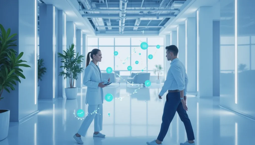 Futuristic AI-powered automation setup illustrating business systems connected by glowing data flows and smart workflow icons in a modern workspace