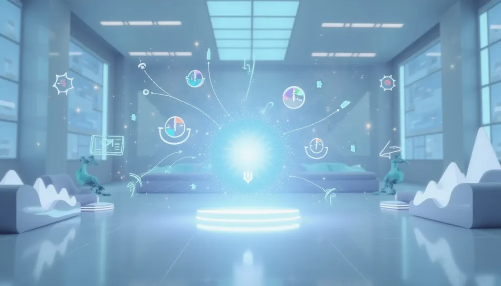 Futuristic minimalist illustration of AI-powered forecasting and automation, showing data flow, connected intelligence nodes, and prediction icons representing FutureBench's AI evaluation system