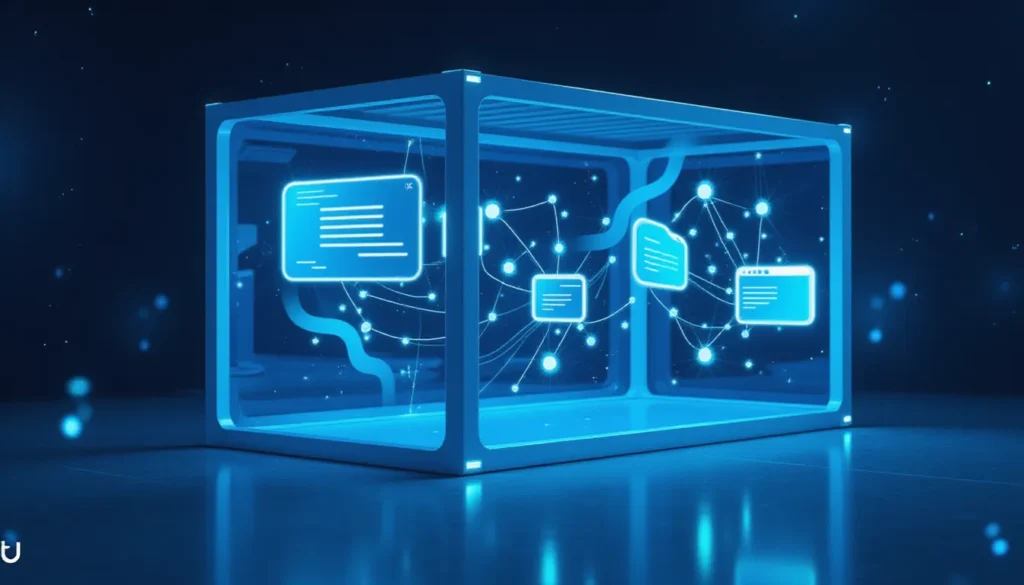 Futuristic visualization of AI desktop automation using ScreenEnv inside Docker containers, showing smart agents interfacing with GUI components in a clean, tech-inspired environment