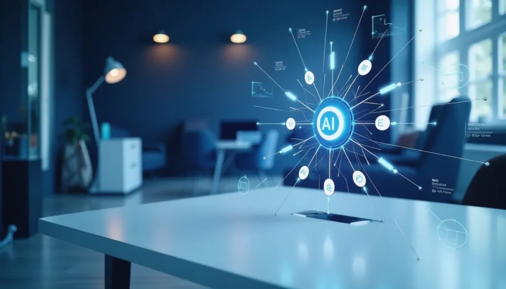 Futuristic AI workspace showing automated workflow powered by NVIDIA NIM and Hugging Face for LLM deployment