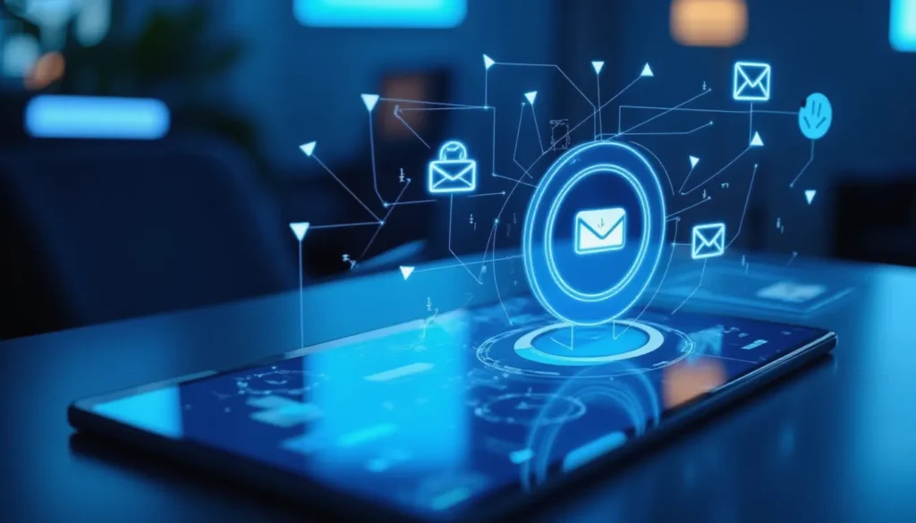 Futuristic AI-powered marketing automation workspace with glowing email and SMS workflows symbolizing digital growth