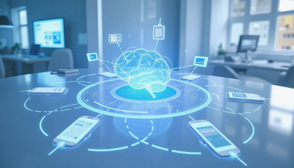 Futuristic AI workspace with flowing multimodal data icons depicting optimized data batching and efficient automation pipelines