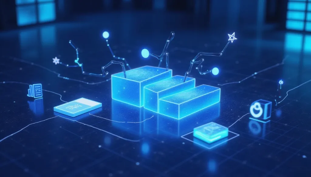 Abstract AI automation image visualizing Parquet content-defined chunking for dataset deduplication with smart modular pipelines and glowing data nodes.