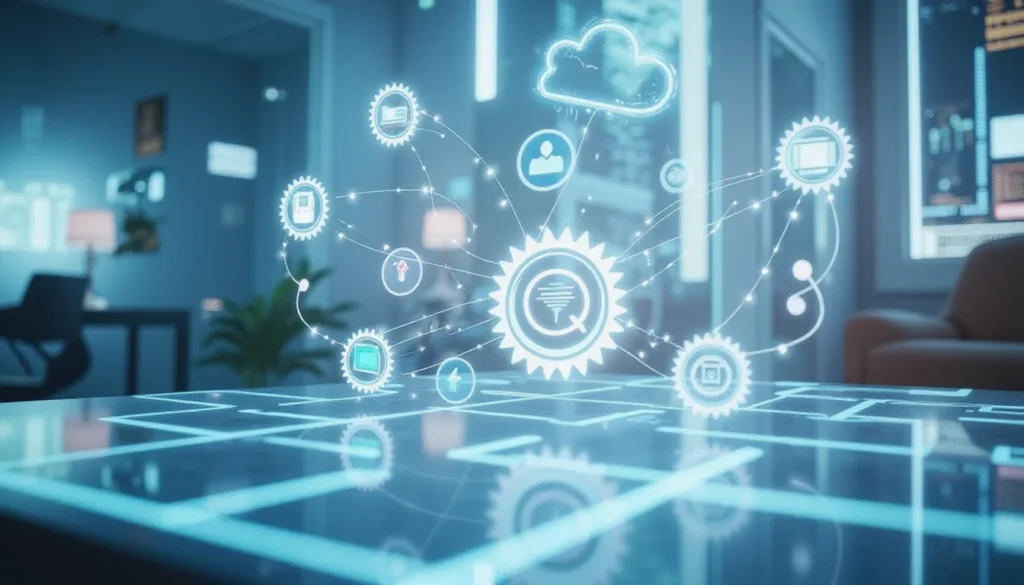 Minimal AI-powered workspace with glowing circuits representing Python tiny agents enabled by MCP automation