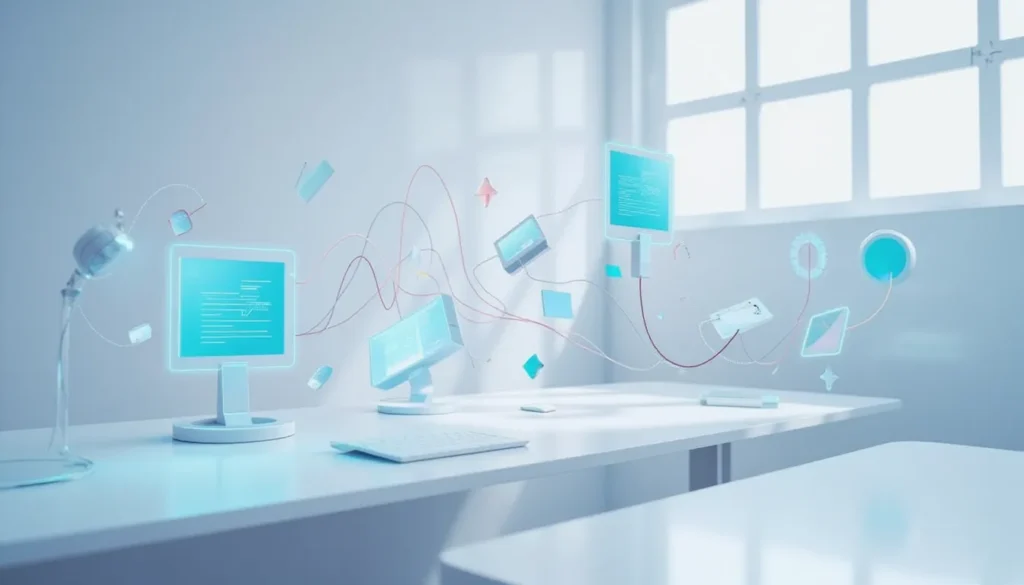 Minimalist futuristic workspace illustrating AI Sheets automating data transformation workflows without code using smart AI-driven connections and flowing abstract elements