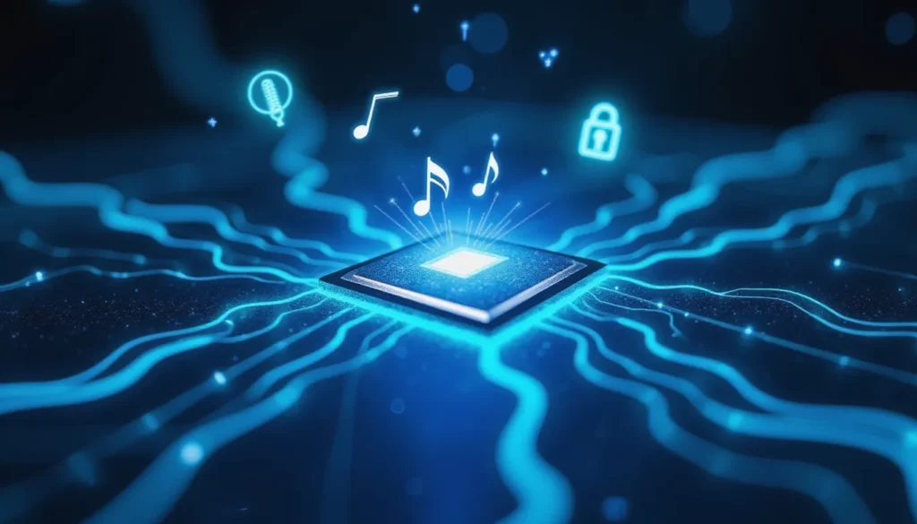 Futuristic minimalist workstation with glowing Arm CPU chip and holographic sound wave data representing on-device AI sound generation