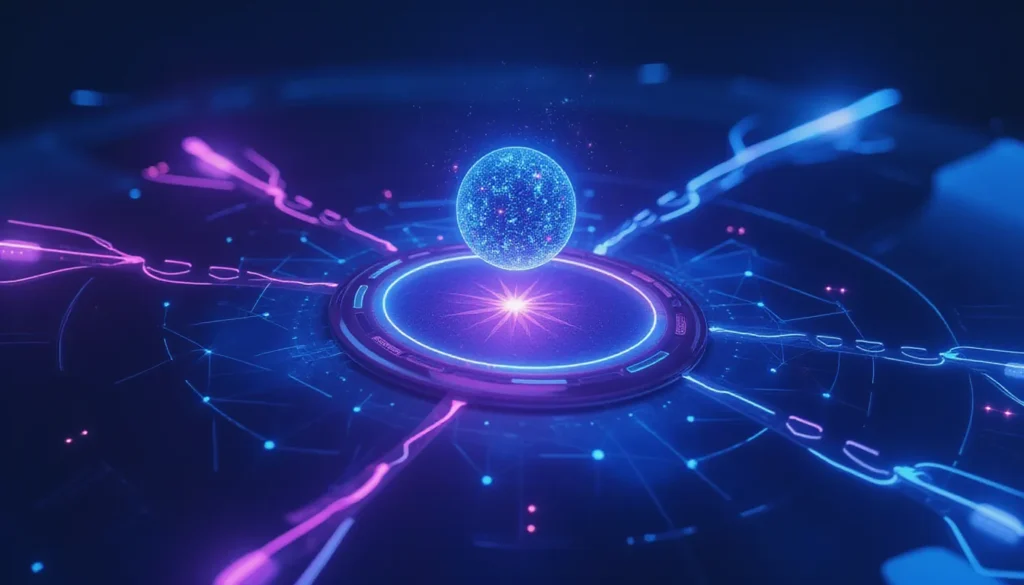 Futuristic AI agent visual navigating abstract node-based pathways in a glowing text adventure-inspired environment representing LLM performance in strategy-based games like Zork