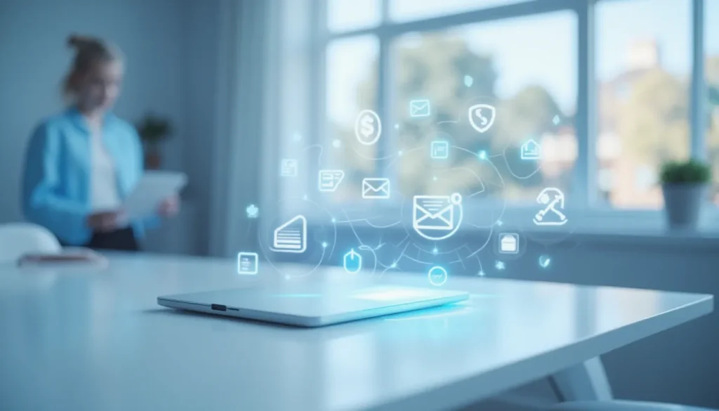 Futuristic minimalist workspace showing AI workflow automation nodes and connected icons symbolizing Make.com automation in action