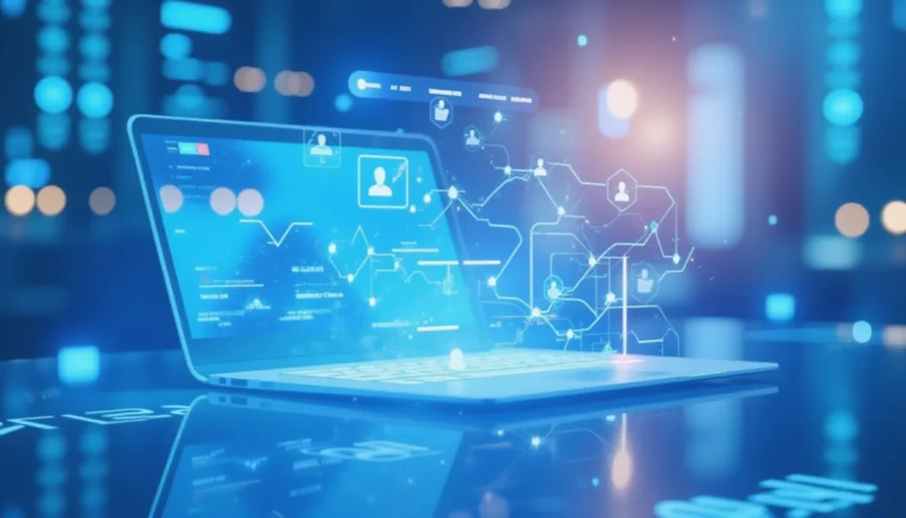 Futuristic digital workspace with AI-powered automation nodes and smart workflow connections representing business automation with platforms like Make.com in 2025