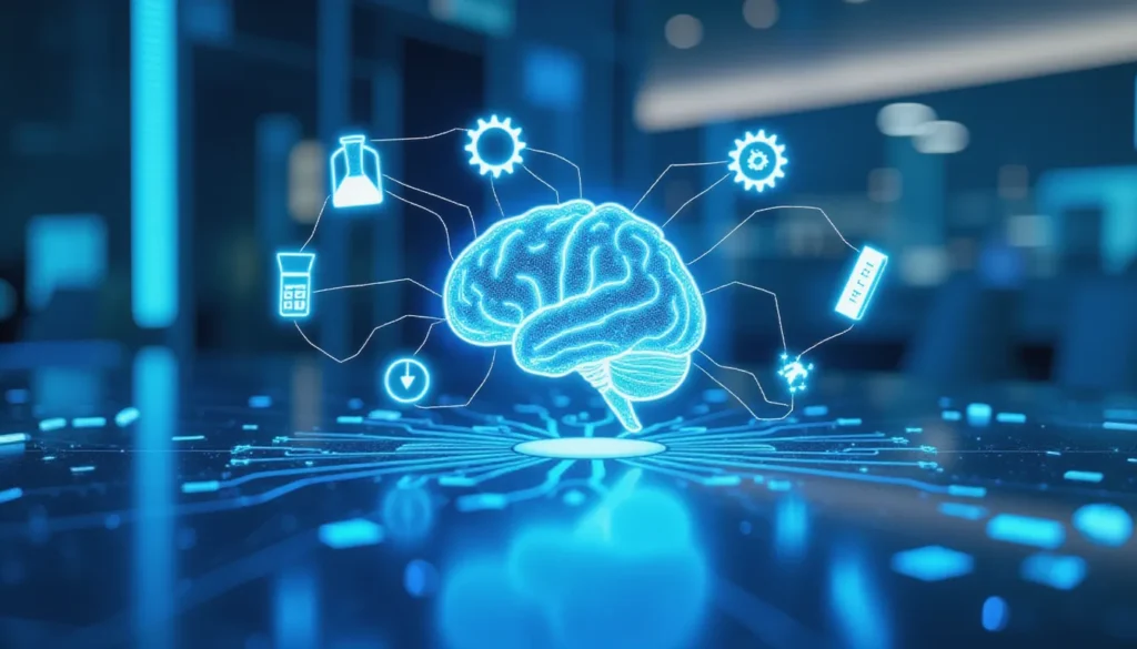 Futuristic AI brain network visualizing Arabic LLM automation in STEM and code environments with glowing data lines, STEM icons, and minimal workspace aesthetics