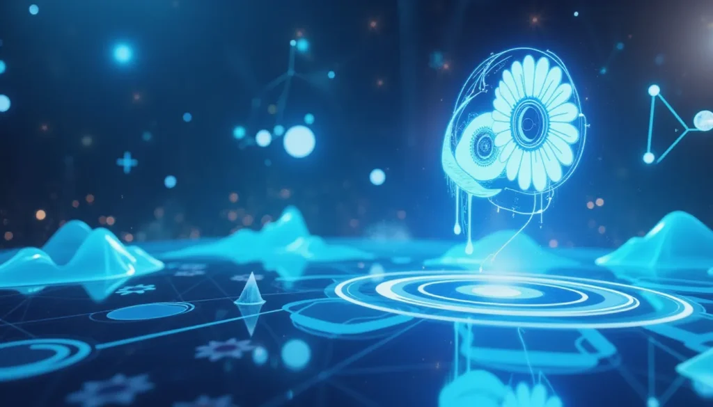 Minimal futuristic workspace visualizing AI image generation automation using Claude and Hugging Face tools with glowing workflow nodes