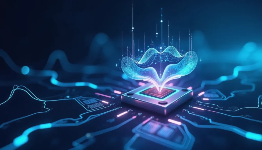 Futuristic digital visualization of AMD MI300X AI inference using custom GPU kernels, with glowing data nodes, neural circuits, and automation flows in a soft blue high-tech workspace.