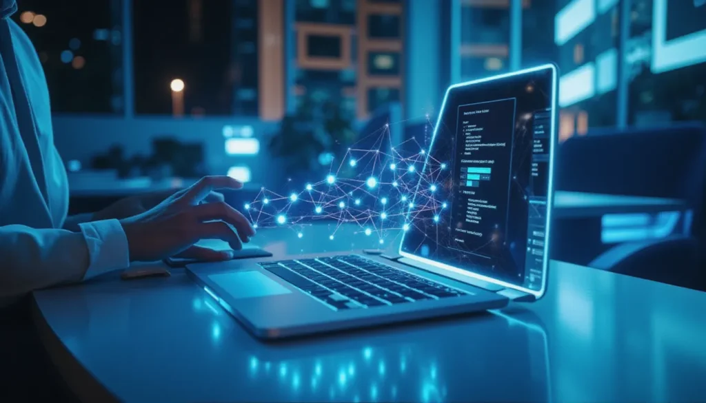 Futuristic minimalist workspace showcasing Dell-powered on-premise AI automation with abstract AI neural networks, glowing data lines, and automation icons in a soft blue and white premium environment.