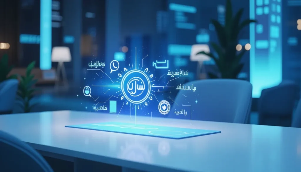 Futuristic AI workspace visualizing Arabic LLM automation using neural networks and smart icons, symbolizing Falcon-Arabic model advancements