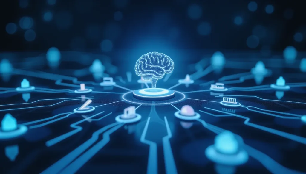 Futuristic AI automation hub showing interconnected nodes representing Gradio MCP servers, multimodal LLM workflows, and business automation tools like Make.com and Hugging Face