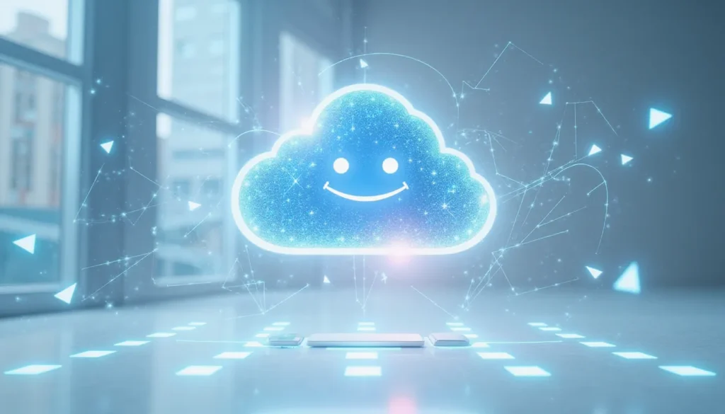 Minimalist workspace visualizing AI-powered automation using Hugging Face models on Azure cloud, with abstract glowing data flows and futuristic automation icons