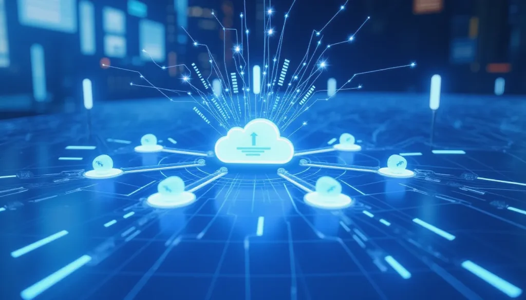 Futuristic high-tech workspace illustrating Hugging Face hf CLI enabling AI workflow automation with interconnected automation nodes and glowing data circuits