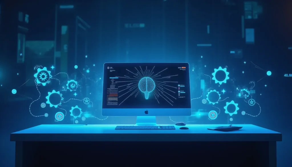 Futuristic workspace with AI data flows and automation icons symbolizing Falcon-H1 hybrid language models for efficient business scalability