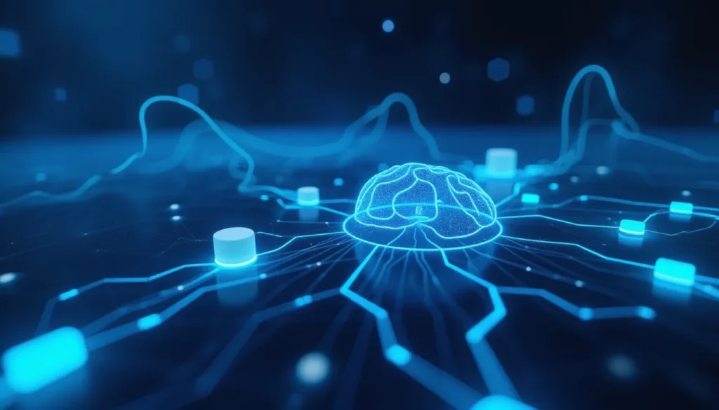 Futuristic minimalist AI workspace showing an abstract neural network with KV caching pathways to illustrate improved transformer inference speed