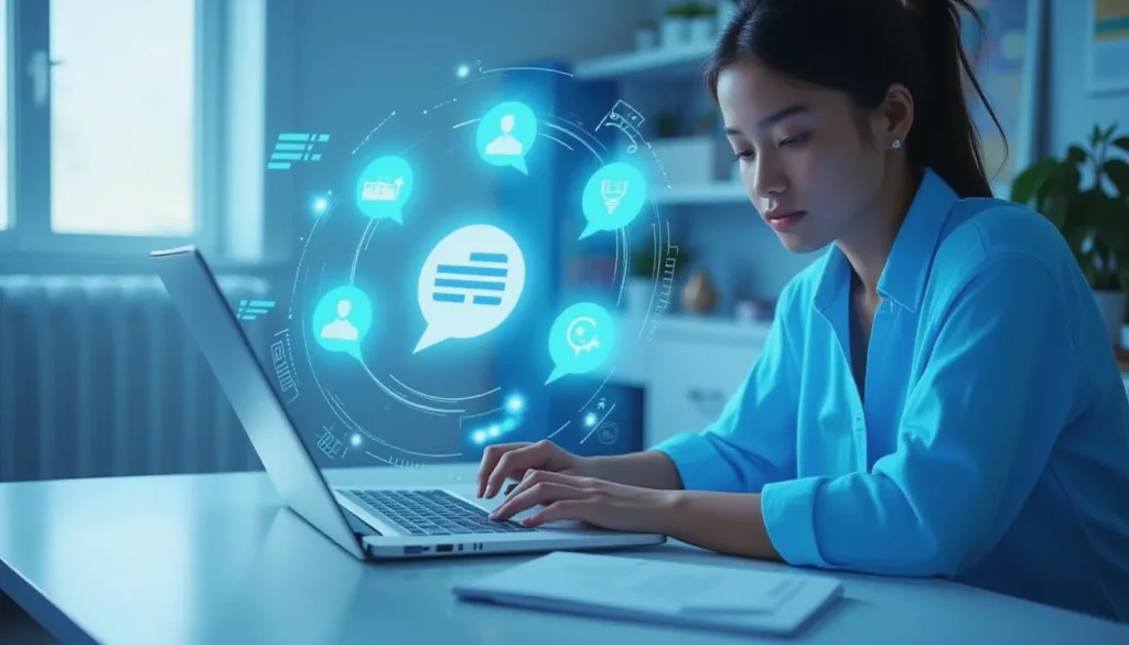 Futuristic AI workspace with neural network connections symbolizing Filipino language automation using LLMs