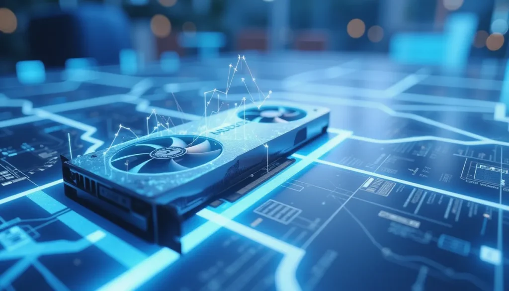 Professional AI automation workspace with abstract data flows representing QLoRA LoRA fine-tuning of FLUX.1-dev on a single GPU