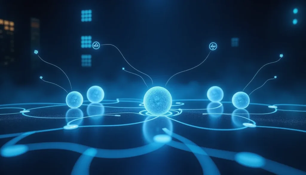 Futuristic workspace visualizing collaborative AI automation with interconnected intelligent agents, glowing neural circuits, and minimalist design elements.