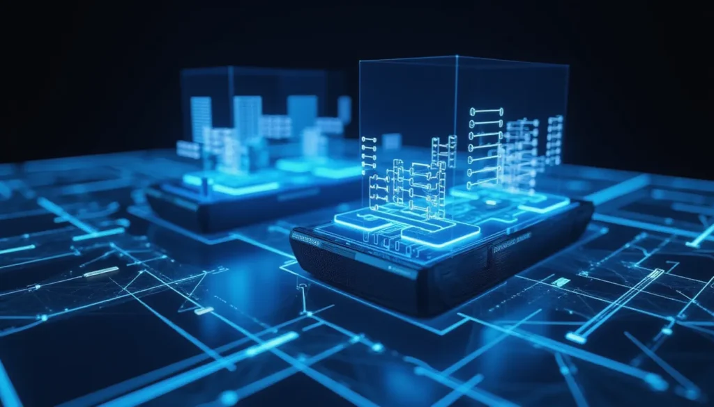 Minimalist futuristic workspace visualizing multi-GPU AI training with glowing connections and abstract neural workflow nodes representing parallelism efficiency