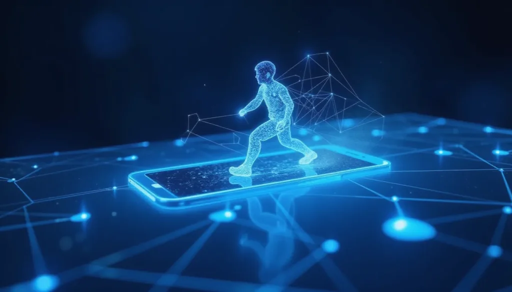 Futuristic AI workspace visualizing neural super sampling for mobile gaming with glowing circuit lines flowing towards a mobile device, symbolizing AI upscaling and optimized GPU performance