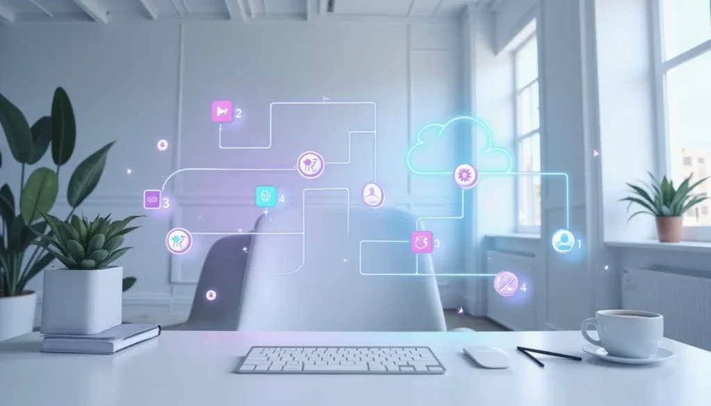 Futuristic no-code automation workspace with abstract AI workflow circuits and glowing data lines