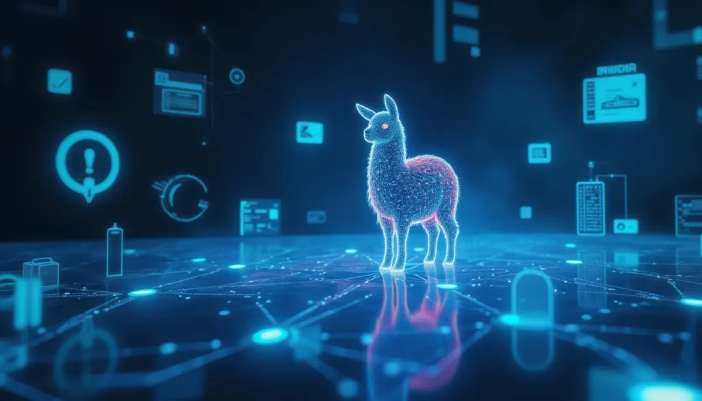 Futuristic visual of open-source AI automation with glowing workflows and Llama Nemotron-inspired abstract digital elements in a minimalist workspace