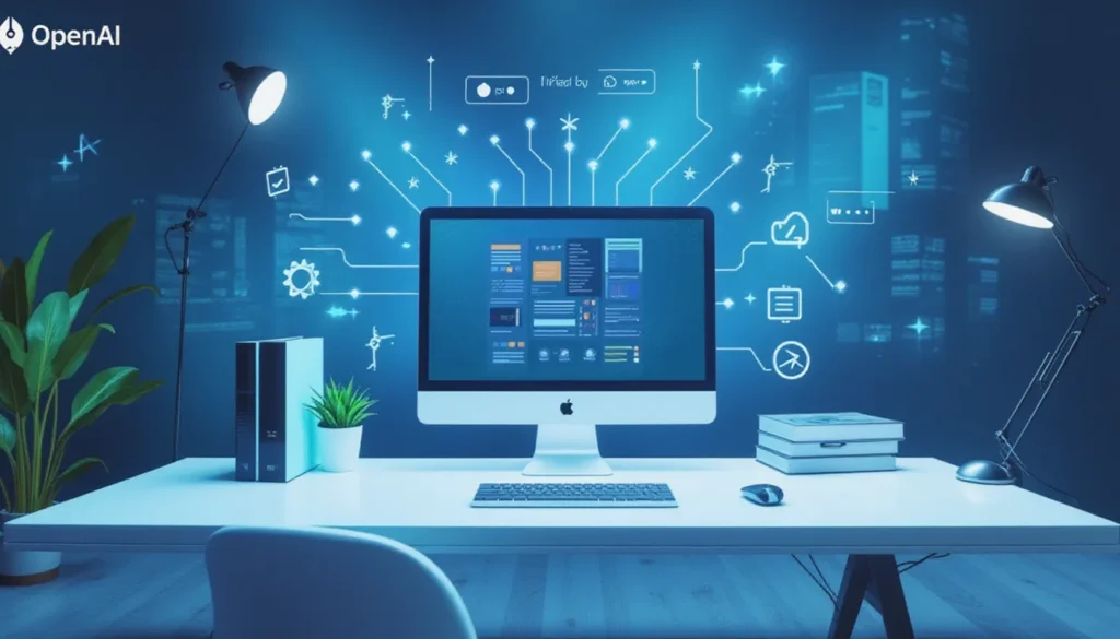 Futuristic AI-powered workstation visualizing OpenAI GPT OSS’s role in business automation with neural flows and automation icons